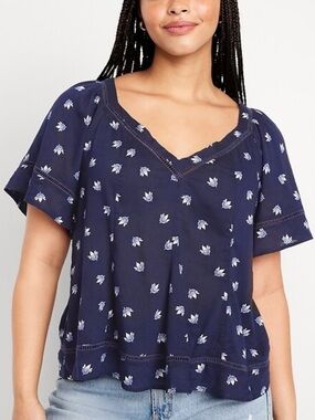 Old Navy Navy Blue Floral Flowy Boho Peasant V-Neck Top